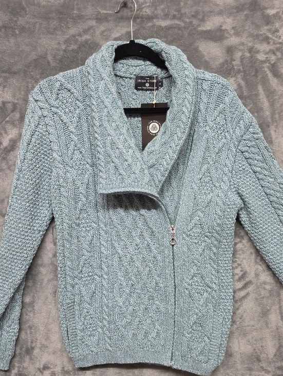 The Irish Store Sweaters - The Irish Store Merino Wool Cable Knit Zip Cardigan - Light Blue sz Med